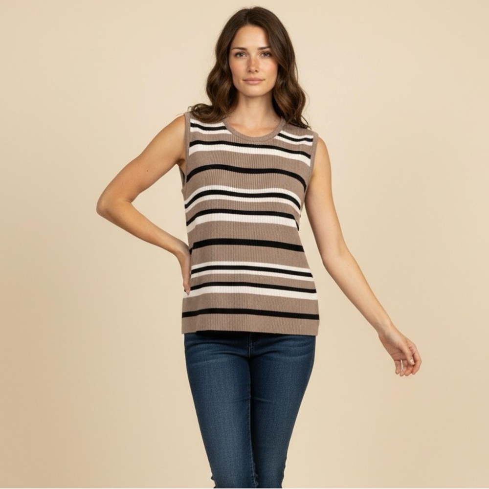 Elegant Striped Tank Top - Tan, Black, White